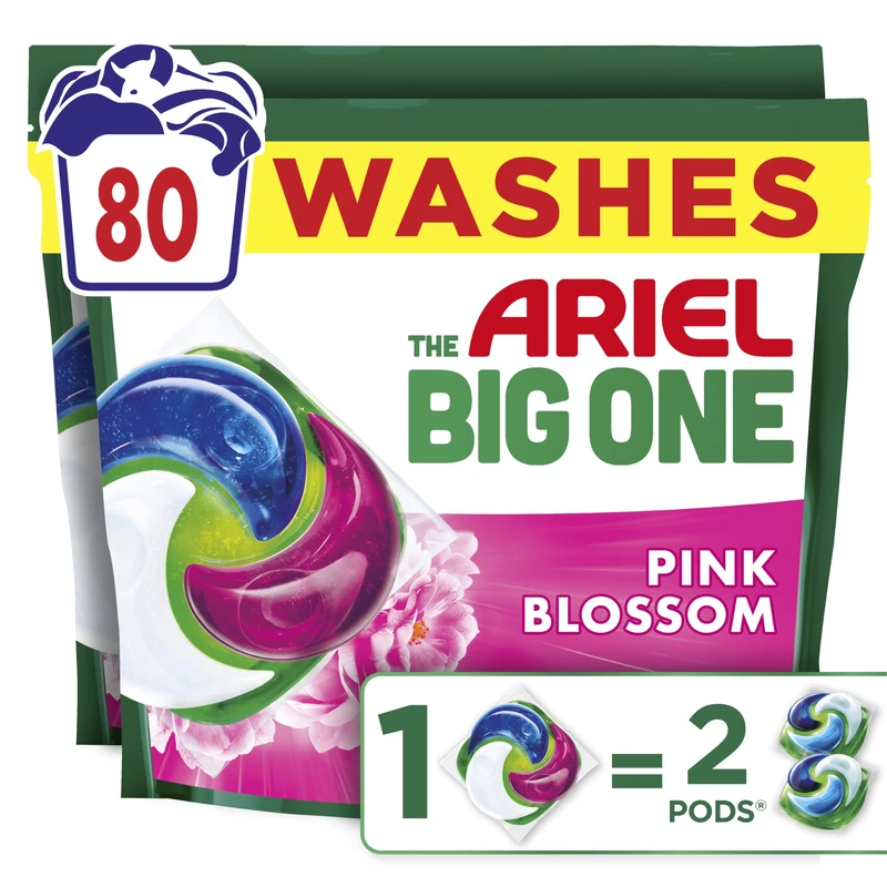 Ariel The Big One PODS®, Washing Liquid Laundry Detergent Capsules, 2 x 40 Washes, Pink Blossom, 2X Stain & Odour Removal, Fast Dissolving Even in Cold