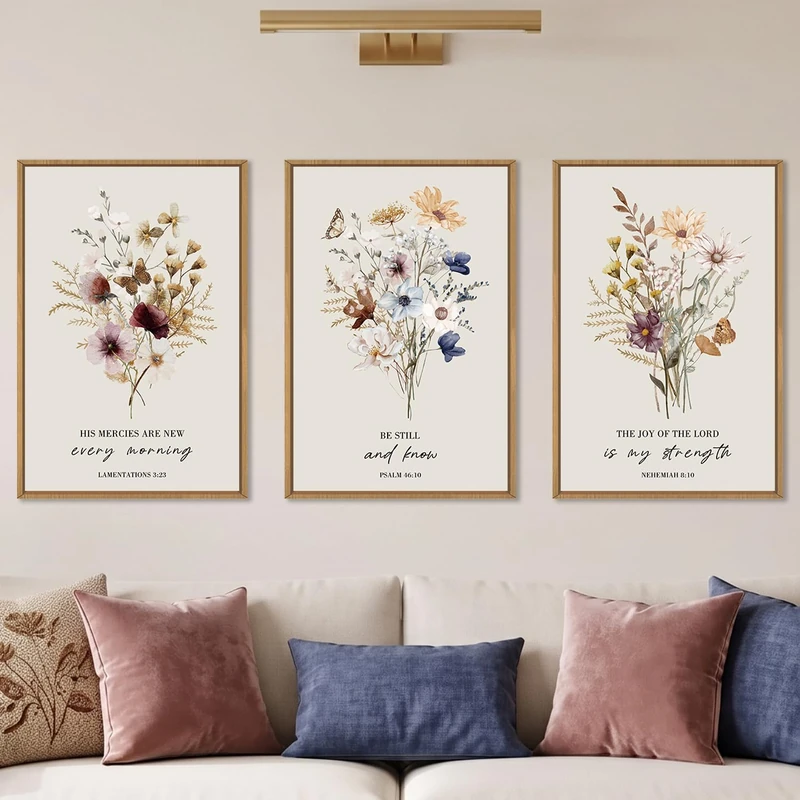Ausril Large Boho Christian Floral Scripture Wall Art Set -16"x24"x3