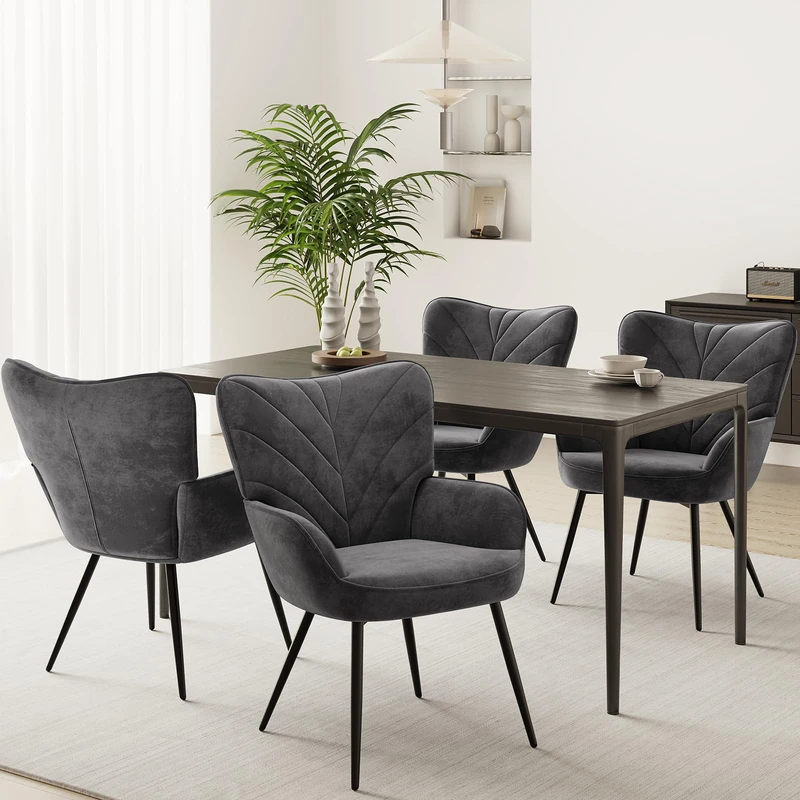 Upholstered Velvet Dining Chair with Armrests, Modern Nordic Dining Room Chair, Soft Padded Seat with Ergonomic Back, Black Metal Legs,Grey