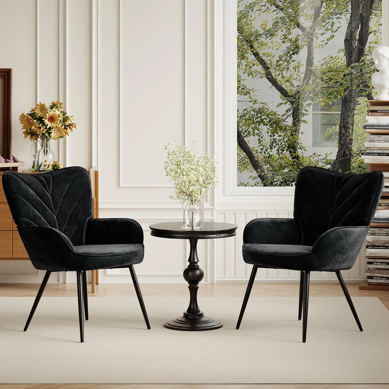 Upholstered Velvet Dining Chair with Armrests, Modern Nordic Dining Room Chair, Soft Padded Seat with Ergonomic Back, Black Metal Legs,Black