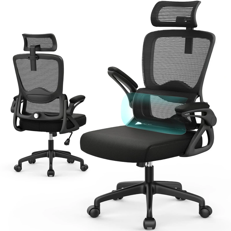 YONISEE Office Chair, Ergonomic Desk Chair -Dual Backrest Design with 2D Lumbar Support & Adjustable Headrest. Swivel Computer Chair with Flip-up Padded Armrest, Thickened Seat for Home/Work/Gaming