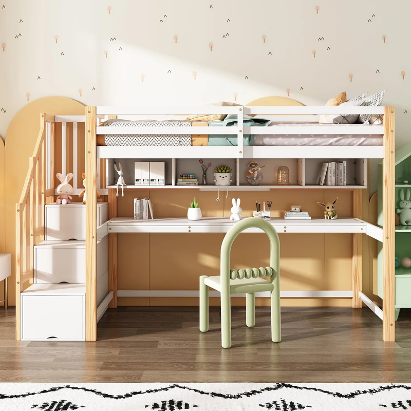 Ball & Cast Kids 3FT Loft Bed Frame Children's High Sleeper with Desk Wood House Bunk Bed with Storage, Shelves & Stairs & Slatted Frame, Pine wood Bed for Children Girls and Boys, white, 90x190cm