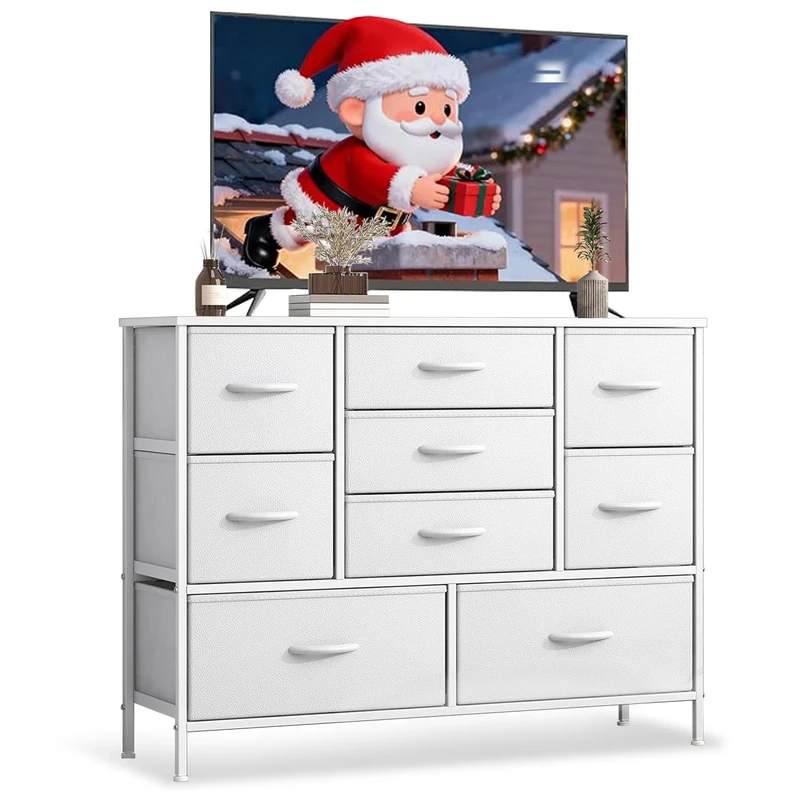 Chest of Drawers Bedroom with 9 Fabric Drawers,Large Fabric Dresser TV Stand with Thickened Metal Frame,Tall Chest of Drawers for Closet,Storage Organizer Unit with Wood Top for Living Room, Hallway