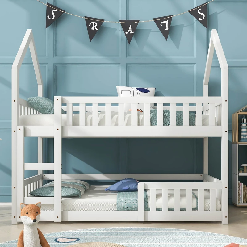 Ball & Cast Twin Bunk Bed With Ladder, Solid Wood Frame, Castle-Shaped 3FT Single Gaming Bed, 90 x 190 cm Children's Room Furniture, Wooden Frame for Kids (White)