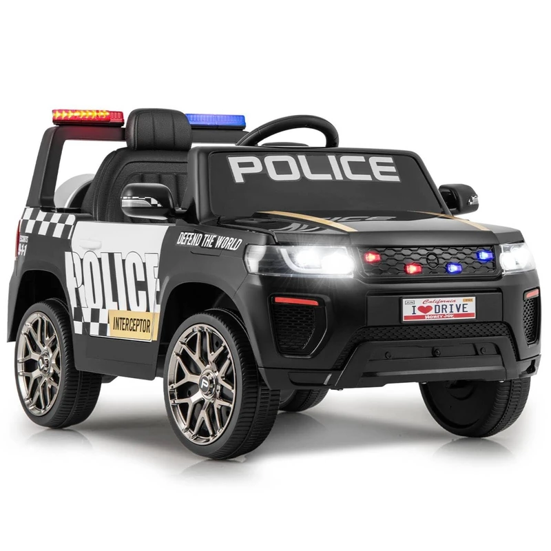 GYMAX Kids Ride on Police Car, 12V Battery Powered Car with Remote Control, Wireless Connection, USB, Music, Radio, Horn and Siren Flashing Lights, Children Electric Vehicle for 3-8 Years Old (Black)