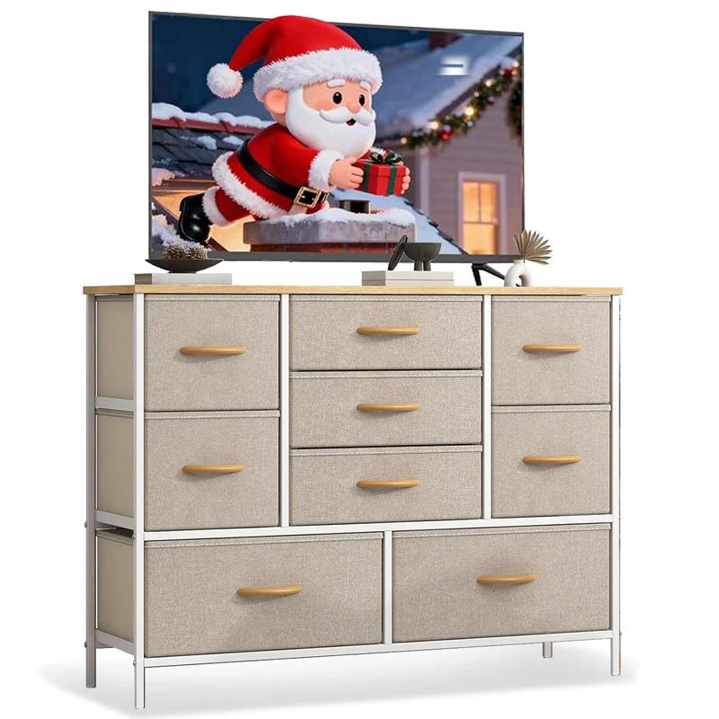 Chest of Drawers Bedroom with 9 Fabric Drawers,Large Fabric Dresser TV Stand with Thickened Metal Frame,Tall Chest of Drawers for Closet,Storage Organizer Unit with Wood Top for Living Room, Hallway