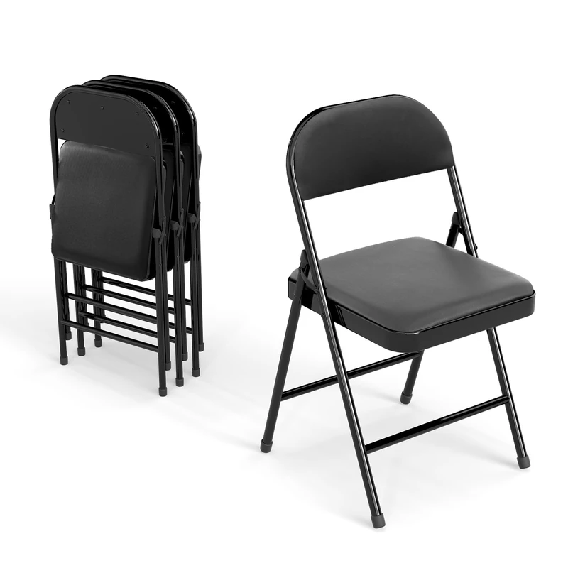 Real Relax 4 Pack Folding Chairs with Padded Seat, Leather Folding Chairs for Home and Office, Indoor and Outdoor Events Black