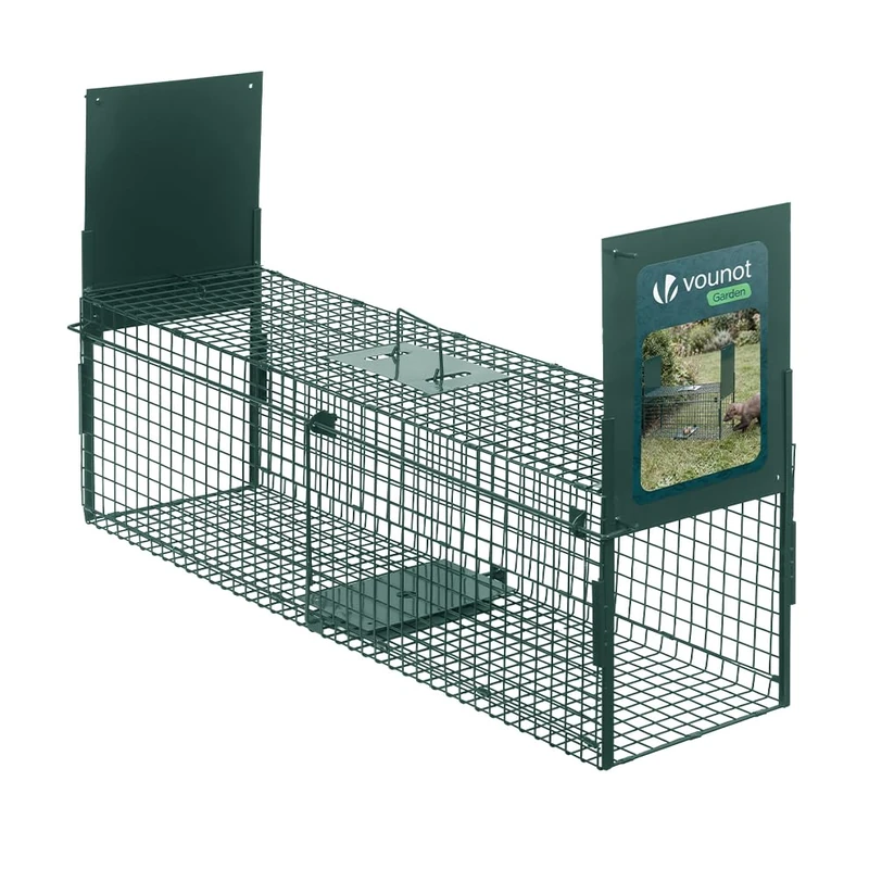 VOUNOT® Humane Live Animal Trap Cage 100x29x40cm, Reusable Metal Catch Cage with Handle & Trap Door for Rats, Rabbits, Martens & Foxes, Indoor & Outdoor, Green