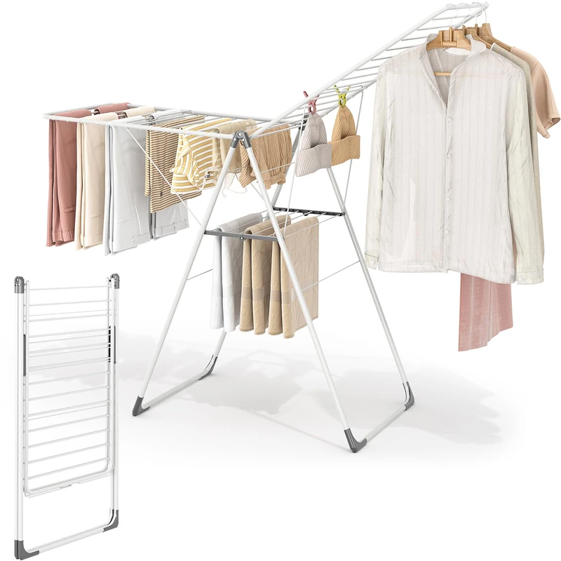 Clothes Drying Rack, Foldable with Height-Adjustable, Upgraded Foot Cover, Metal Laundry Rack, No Assembly, Indoor Outdoor Use (White)