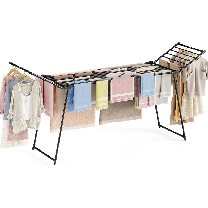 KINGRACK Foldable Metal Clothes Airer, Wing Clothes Drying Rack, Extendible 252 x 44 x 99cm, Laundry Drying Horse Rack with Non-Slip Feet for Indoor and Outdoor Use, Black