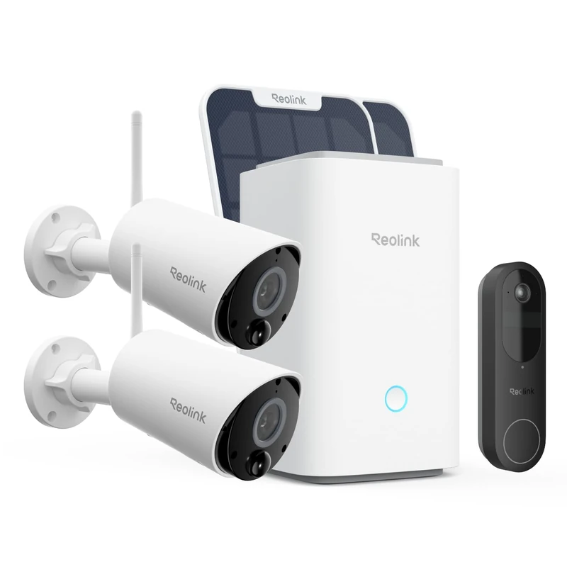 Reolink Wireless Solar Security Bundle: 2×5MP Solar Outdoor Cameras + 2K Battery Video Doorbell with Home Hub, Smart Detection, Two-Way Audio, Local Storage, No Monthly Fee