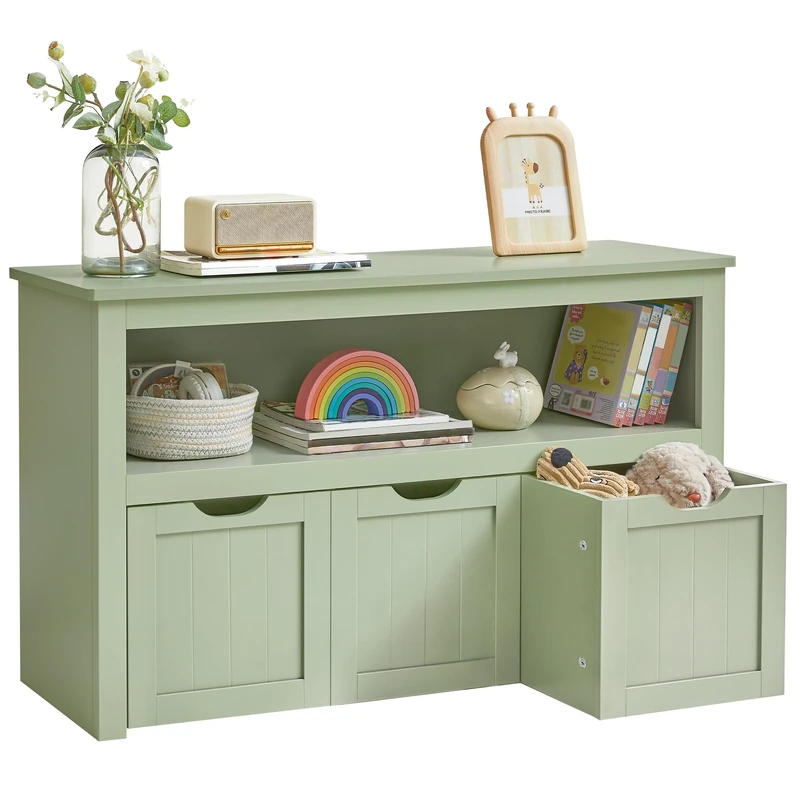 VASAGLE Toy Storage Unit With Wheels, 30 x 102 x 60 cm, Kids Bookcase, 3 Drawers, for Living Room, Children's Room, Playroom, Laurel Green LHS380CE01