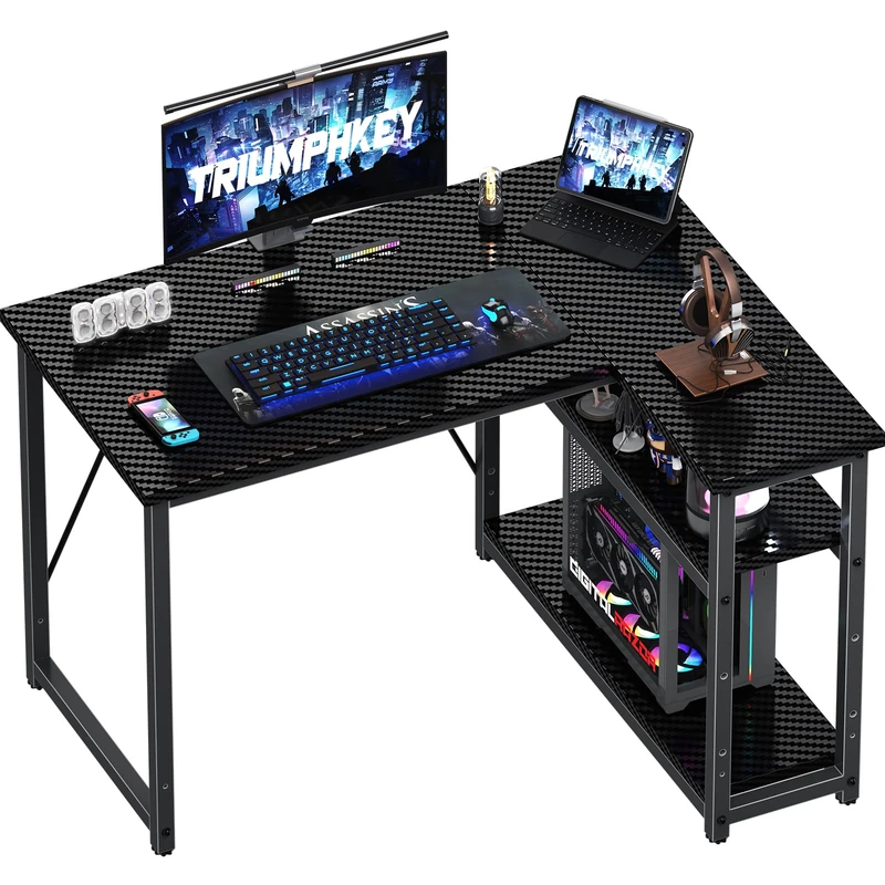 TRIUMPHKEY 100 * 80cm L Shaped Gaming Desk with Reversible Large Storage Shelves, Computer Desk Workstation Matching Under Desk Height Adjustable Storage, Home Office, Carbon Fibre Black