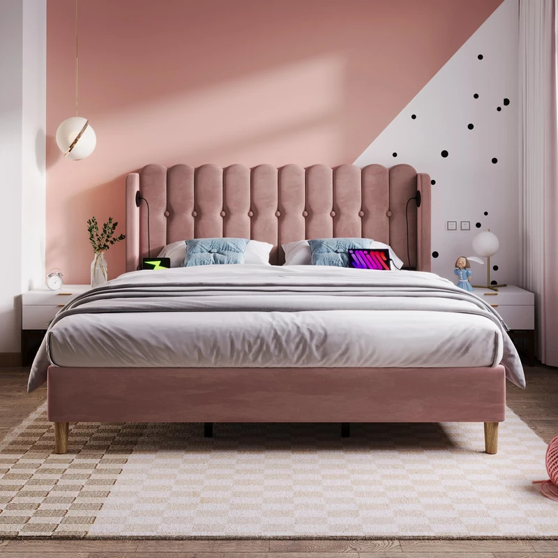 Ball & Cast 4ft 135x 190 cm Double Bed Frame Upholstered with USB and Type-C Charging, Bed Frame with Wooden Slatted Frame, Teenager Bed for Bedroom & Guest Room,Velvet,Pink, No Mattress