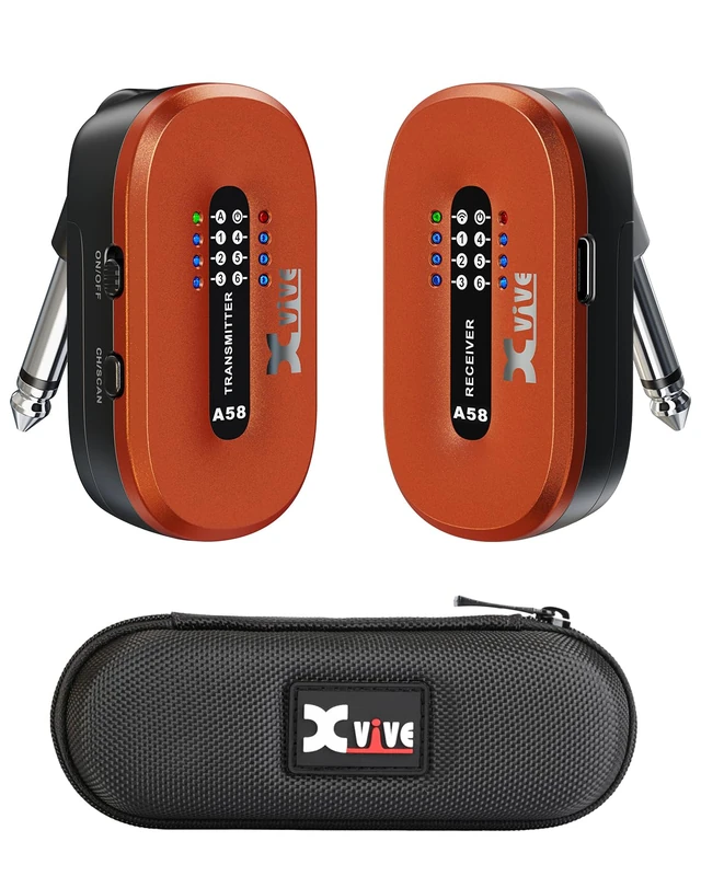 Xvive A58 Wireless Guitar System 5.8G Set with Transmitter and Receiver for Guitar with Active or Passive Pickup (Orange)