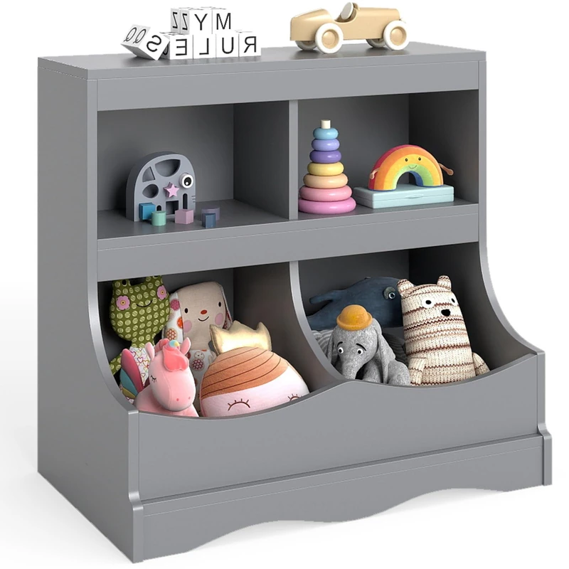 GYMAX Kids Bookshelf and Toy Organizer, Wooden Children Bookcase with Compartments and Shelves, Toys Storage Unit for Living Room Playroom Nursery (Grey, 67x40x62cm)