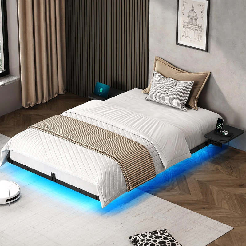 YITAHOME Bed Frame LED Lighting USB Charging Station Interface Type-C Floating Design Metal Frame Fabric Cover Without Mattress 120 x 200 cm