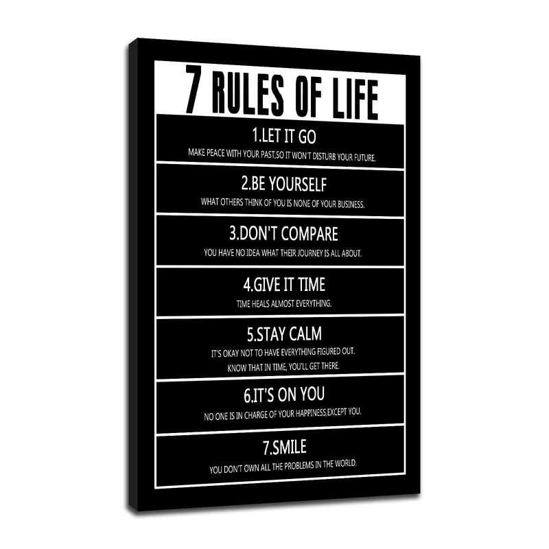 Motivational Poster Office Wall Decor 7 Rules of Life Inspirational Success Quotes Positive Canvas Wall Art Picture Painting for Modern Home Living Room School Artwork Ready to Hang [24''Wx36''H]