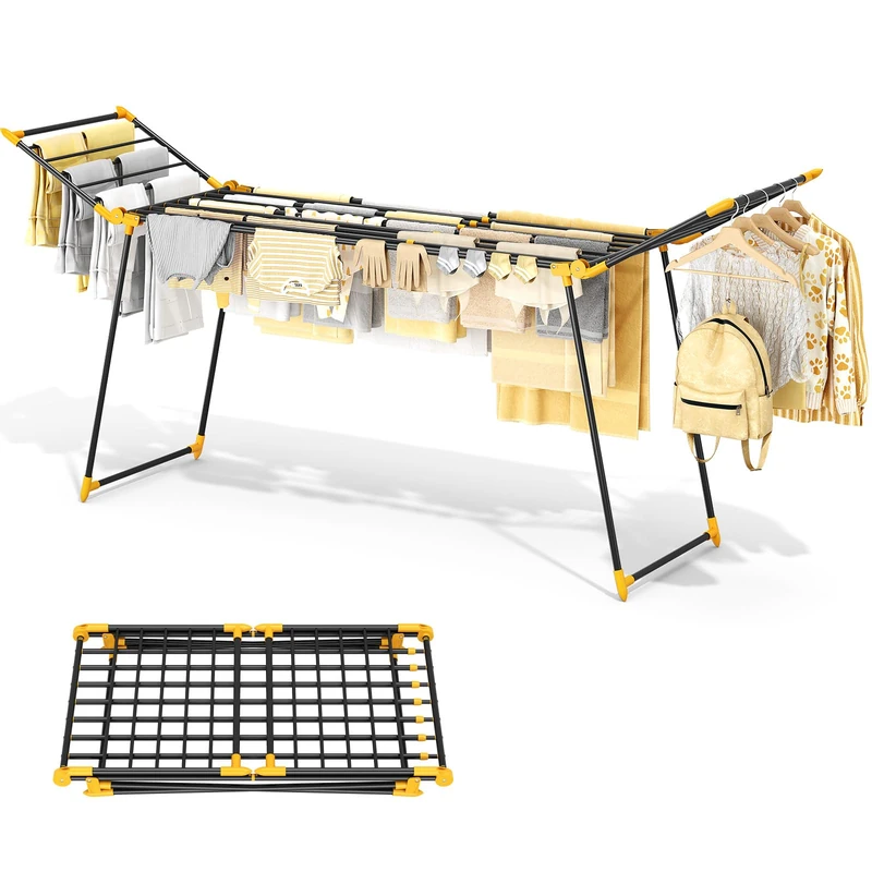 Clothes Dryer Large Clothes Airer Extendable Foldable Metal Drying Rack for Bedding, Towels, Sweaters, Heavy Duty for Indoor and Outdoor Use, No Assembly Required (Yellow) - Image 1