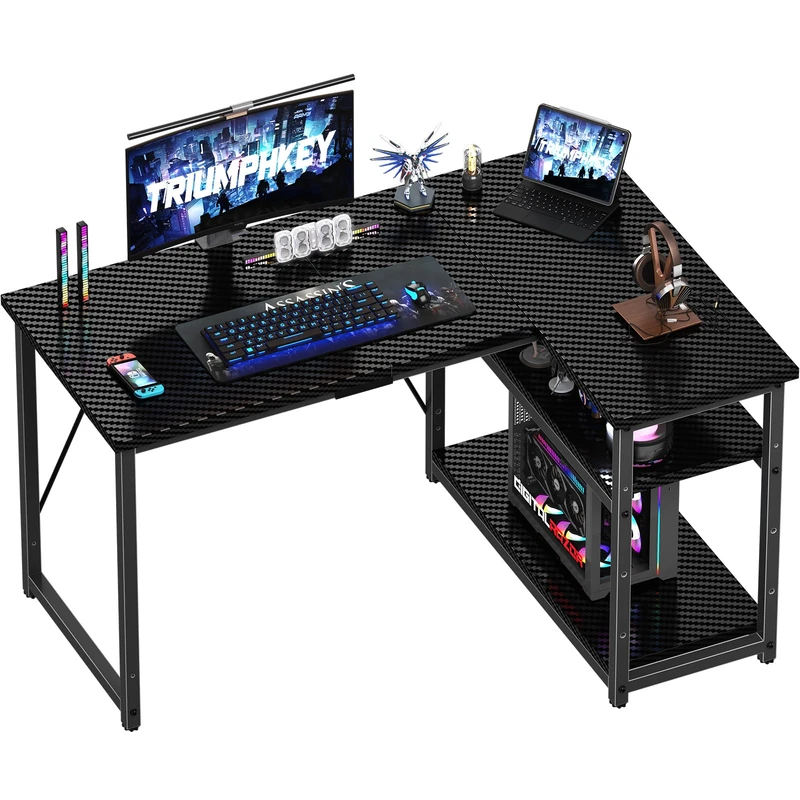 TRIUMPHKEY 120 * 80cm L Shaped Gaming Desk with Reversible Large Storage Shelves, Computer Desk Workstation Matching Under Desk Height Adjustable Storage, Home Office, Carbon Fibre Black
