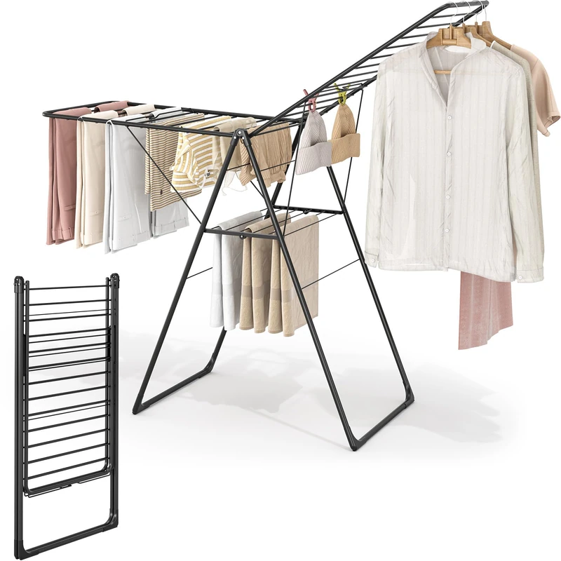 Clothes Drying Rack, Foldable Drying Rack Clothing with Height-Adjustable, Upgraded Foot Cover, Metal Laundry Rack, No Assembly, Indoor Outdoor Use (Black)