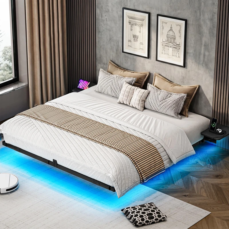 YITAHOME Bed Frame LED Lighting USB Charging Station Interface Type-C Floating Design Metal Frame Fabric Cover Without Mattress 140 x 200 cm - Image 1