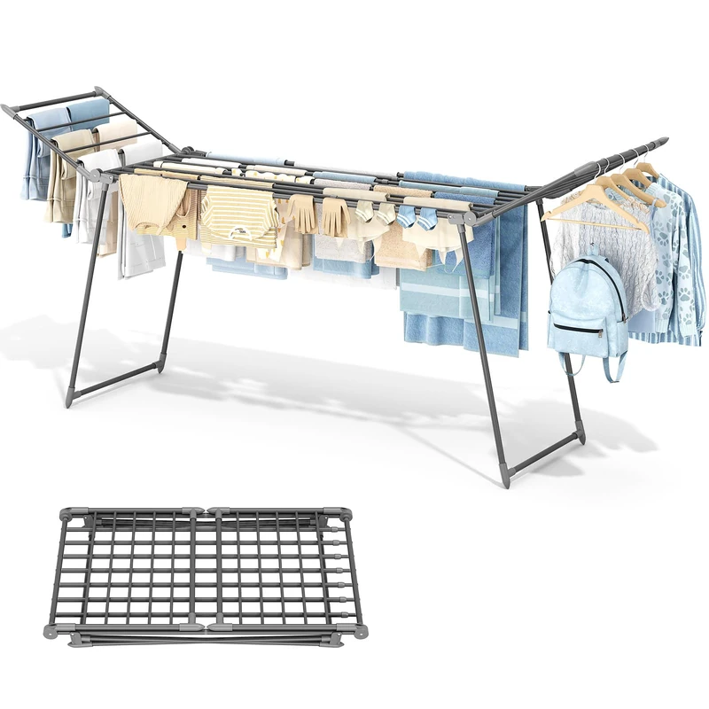 Large Foldable Metal Clothes Airer Extendable Drying Rack for Bedding Towels Sweaters Heavy Duty Indoor Outdoor No Assembly Required (Grey)