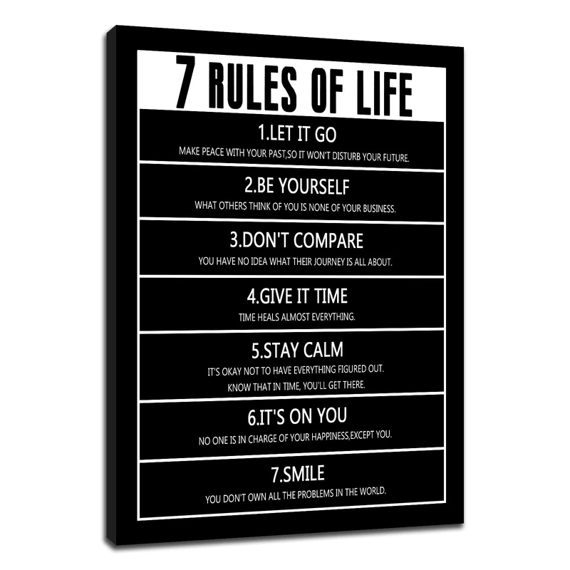 QYHART Inspirational Wall Decor Office Poster Wall Art 7 Rules of Life Motivational Canvas Painting Success Positive Quotes Print Artwork for Modern Home Bathroom Picture Ready to Hang [18''Wx24''H]