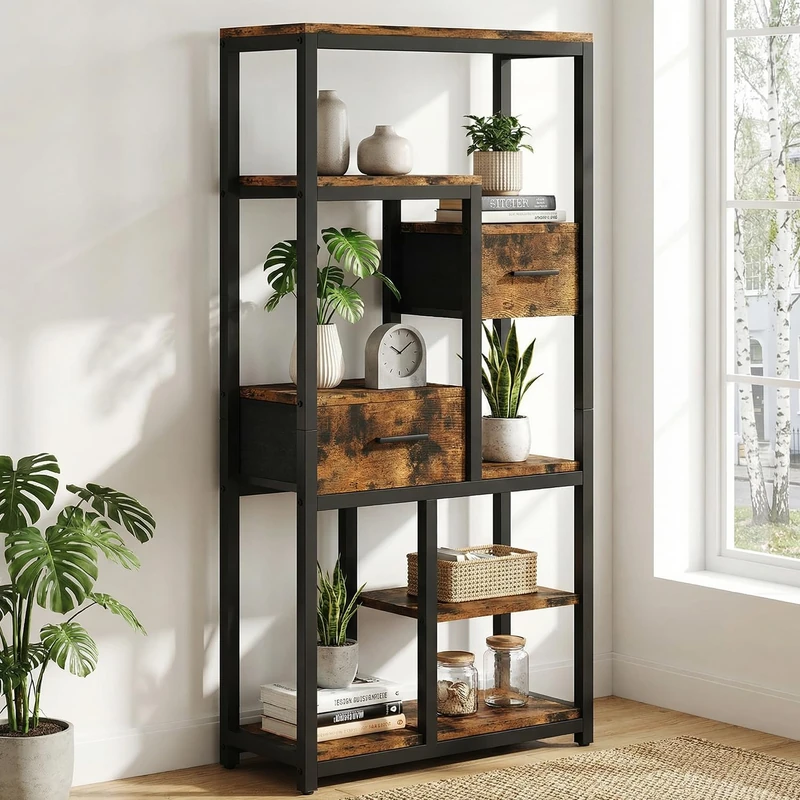 Feonase Rustic Brown Bookcase with 2 Fabric Drawers, 6-Tier Free Standing Shelf Unit for Storage Living Room Office Study, Adjustable Feet, 74x30x152cm