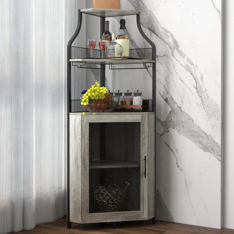 Garvee Corner Wine Cabinet, Industrial 5 Tier Bar Cabinet with Wine Rack and Glass Holder, Wine Rack with Mesh Door for Living Room, Bar, Dining Room, Kitchen, Grey