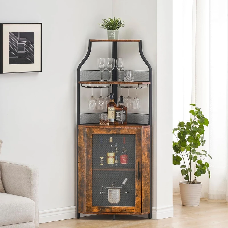 Garvee Corner Wine Cabinet, Industrial 5 Tier Bar Cabinet with Wine Rack and Glass Holder, Wine Rack with Mesh Door for Living Room, Bar, Dining Room, Kitchen, Rustic Brown - Image 1