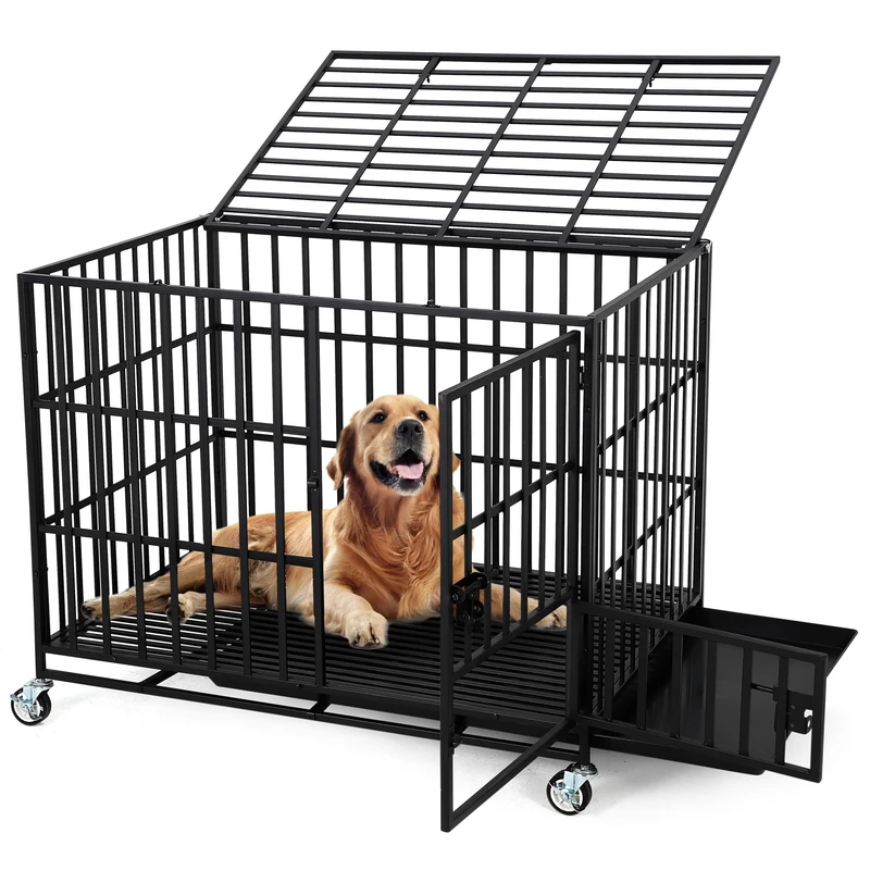 Dog Cage Heavy Duty Dog Crate Grid Box 107 x 75 x 86 cm for Large Dogs with Double Doors, 4 Locking Wheels, Removable Shell and Sturdy Safety Lock