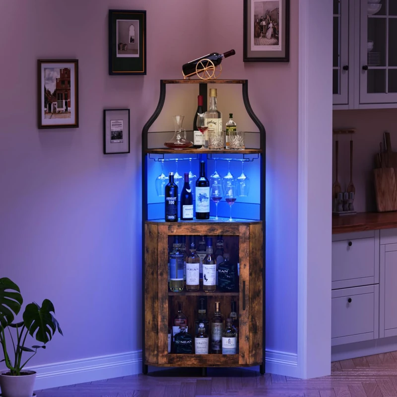 Garvee Corner Wine Cabinet with LED Lights, Industrial Bar Furniture 5 Levels with Wine Rack and Glass Holder, Wine Rack with Mesh Door for Living and Dining Room, Rustic Brown - Image 1