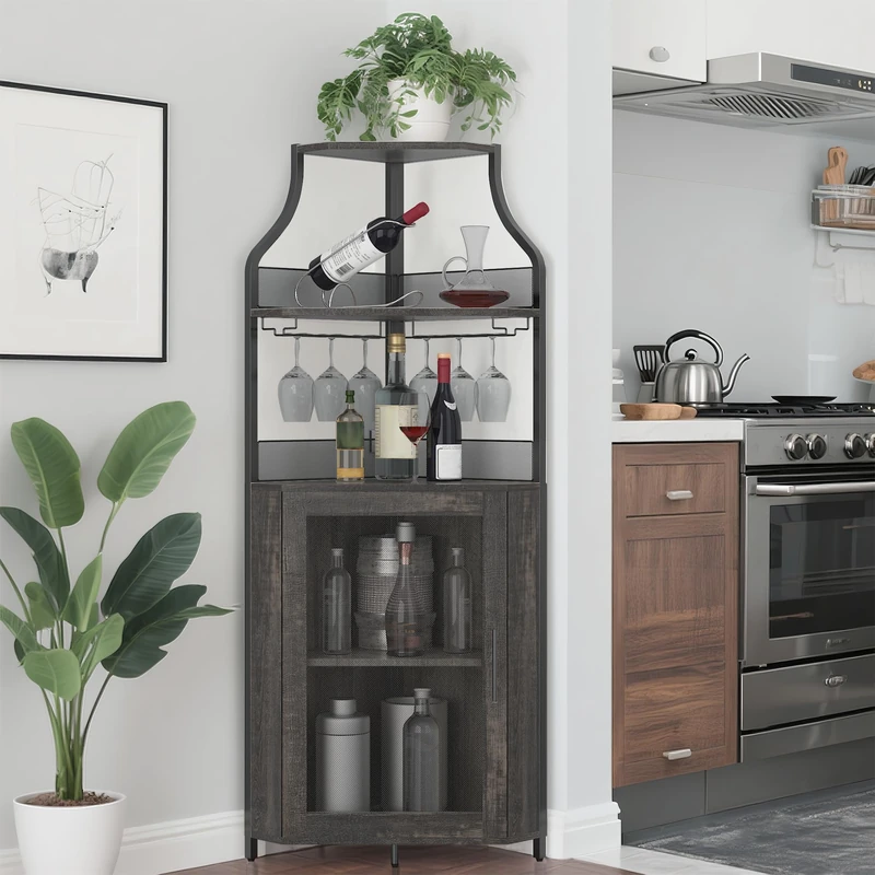 Garvee Corner Wine Cabinet, Industrial 5 Tier Bar Cabinet with Wine Rack and Glass Holder, Wine Rack with Mesh Door for Living Room, Bar, Dining Room, Kitchen, Dark Grey