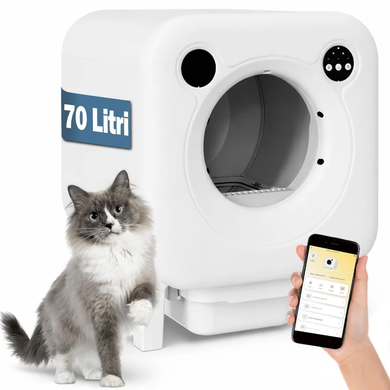 BAKAJI XXL Self Cleaning Cat Litter Tray with Smart Wifi Control App, Capacity 70 Litres Efficient Removal Unpleasant Odors, Weight and Frequency Monitoring with Application + Camera