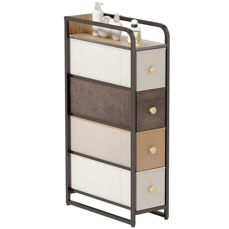 HOMCOM 4 Drawer Fabric Folding Chest of Drawers Bedroom Narrow Storage Cabinet with Tray and Steel Frame Modern Style for Bedroom, Living Room, Hallway, Multi-Color