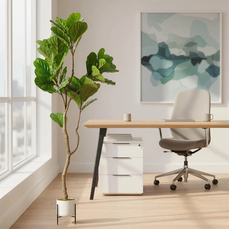 GarveeLife Artificial fiddle fig tree, 100/115/150/155 cm, artificial ficus lyrata with decorative pot, easy care, lifelike artificial plant garden, evergreen decoration for home, office - Image 1