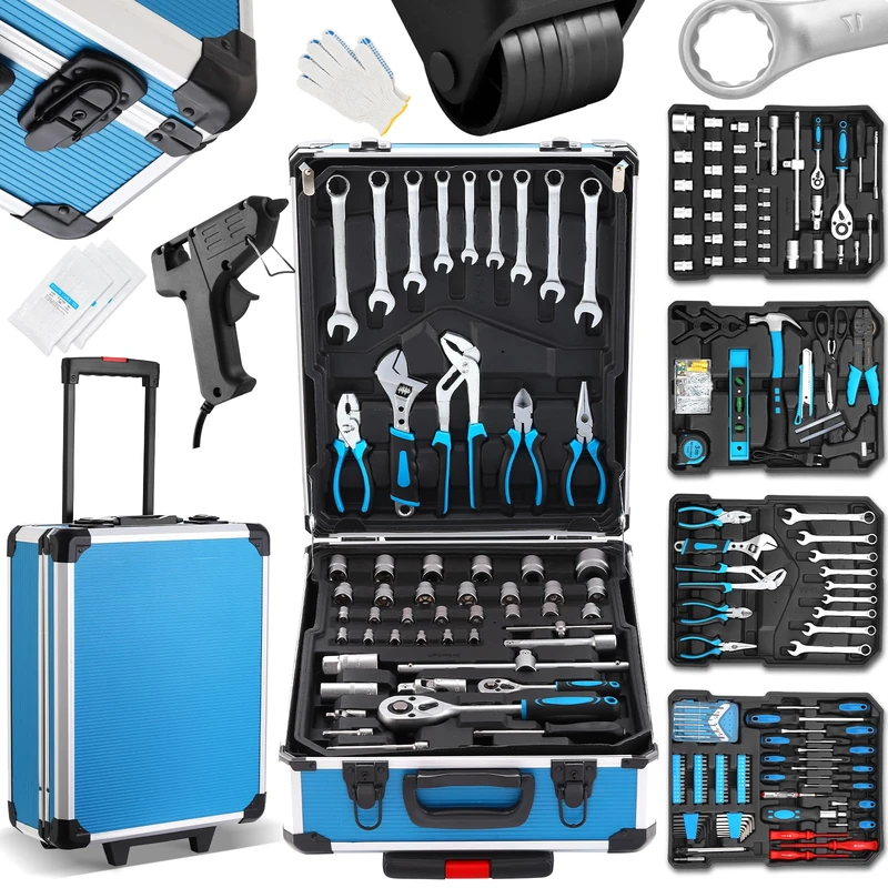 TEENO Tool Box | 1000 Pieces | Chrome Vanadium Tool Box | Multifunction Tool with Aluminium Case and Telescopic Handle | Rolling Tool Case for Home and Car