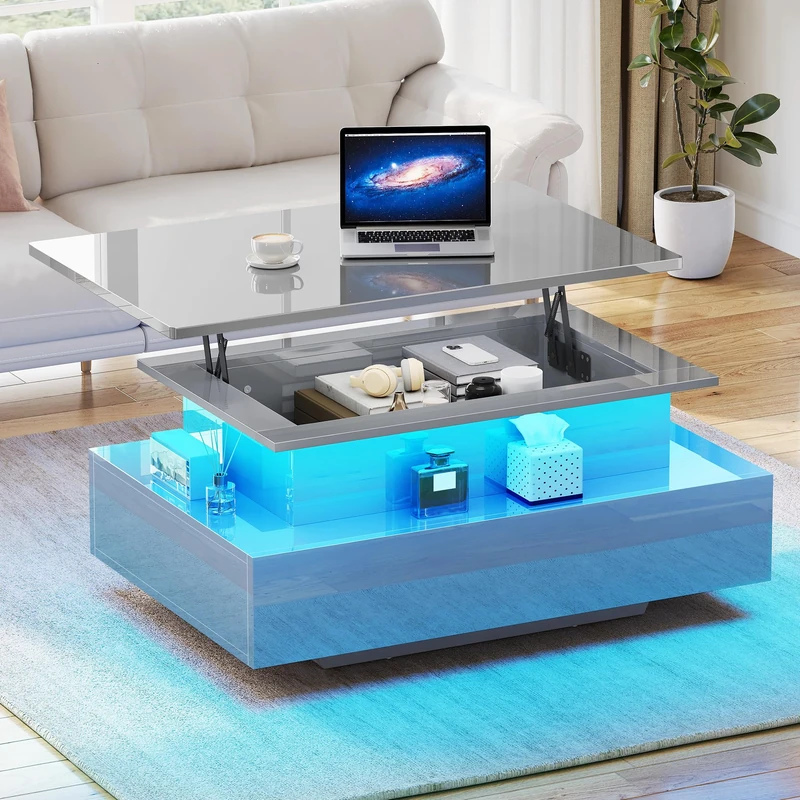 YITAHOME Coffee Table High Glossy with LED Strip, Lift Top Coffee Table with Storage for Living Room,Modern Wooden Rectangle Tea Table with 2 Drawers