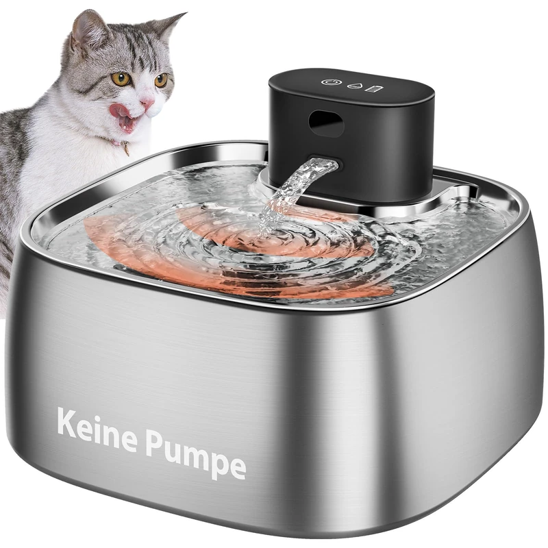 ROTTOGOON Wireless Cat Fountain without Pump, Stainless Steel Drinking Fountain with Motion Sensor for Cat Fountain, Battery Operated, Extremely Quiet for Cats and Small Dogs, 3.2 L, BPA-Free