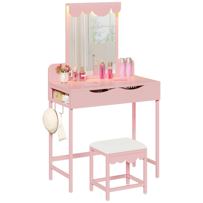 YITAHOME Cloud-Shaped Dressing Table, Vanity with Mirror, 3-Colour LED Light Strip, Large Drawer & 2 Side Compartments, MDF Makeup Table with Anti-Tipping Kit, Pink, 80x40x140 cm, (Without a stool)
