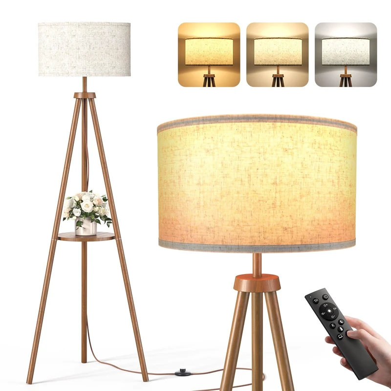 YICAIZI Tripod Floor Lamp with Storage Shelves - 12W Solid Wooden Standing Lamp with E27 Bulb & Remote Control, Corner Lights for Living Room, Bedroom (Dark Brown)