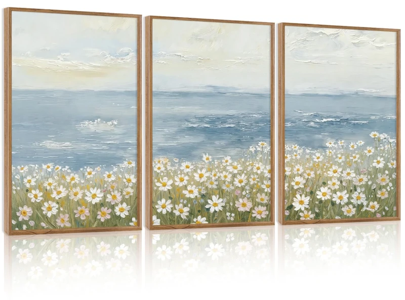TOARTi Large Framed Coastal Wildflower Canvas Wall Art Set,Watercolor Beach Daisy Flower Ocean Wall Decor,Nature Seaside Landscapes Art Prints for Farmhouse Home Living Room Bedroom Office-24”x35”x3