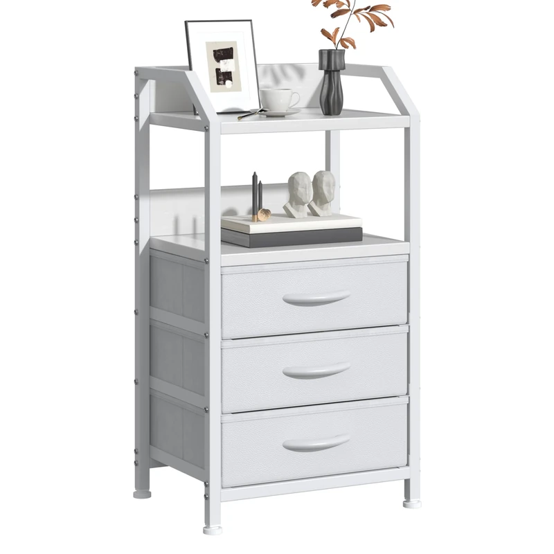 Feonase Bedside Table 40cm Wide with 3 Fabric Drawers & Open Shelf Suitable For Bedroom Bed Side Tables, Sofa Side Tables, and Small Living Room Spaces White 2Pcs