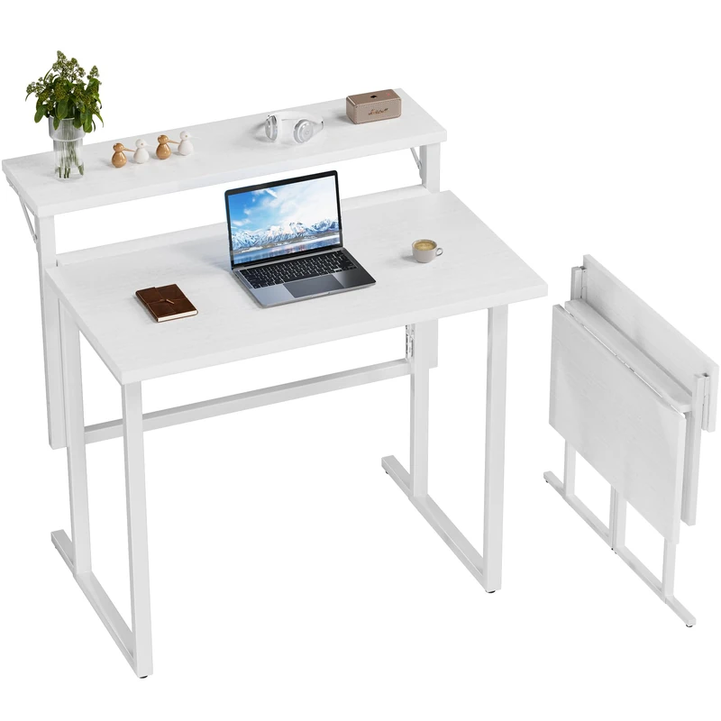 JUMMICO Foldable Desk,Small Desk with Monitor Shelf,2-Tier Folding Table for Home, Office, School, Computer Desk for Small Space,White