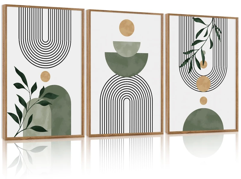 TOARTi Large Framed Boho Botanical Canvas Wall Art Set, Abstract Bohemian Sage Green Wall Decor, Mid Century Modern Neutral Geometric Leaf Art Prints for Living Room Bedroom Office-24”x35”x3