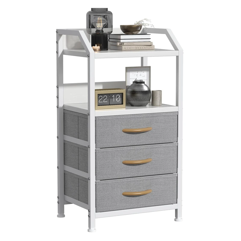 Feonase Bedside Table 40cm Wide with 3 Fabric Drawers & Open Shelf Suitable For Bedroom Bed Side Tables, Sofa Side Tables, and Small Living Room Spaces Light Grey 2Pcs