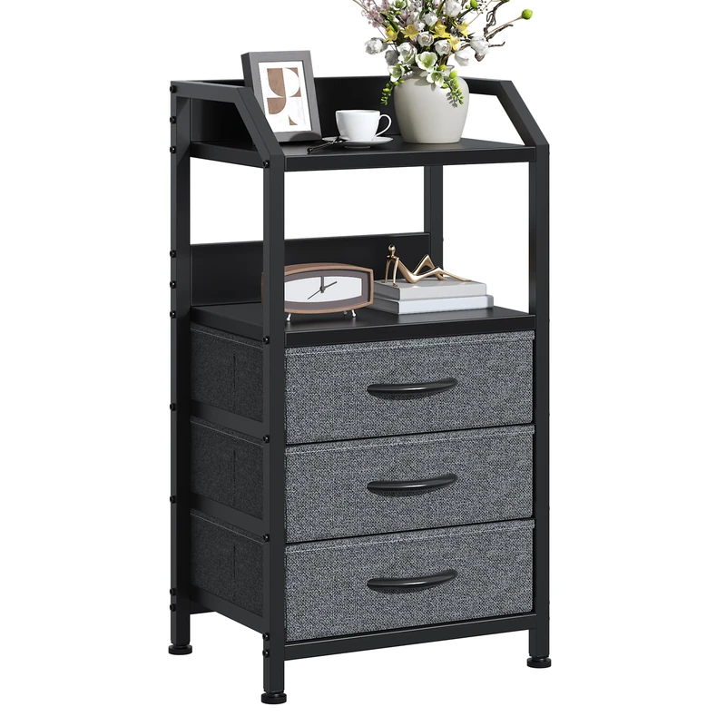 Feonase Bedside Table 40cm Wide with 3 Fabric Drawers & Open Shelf Suitable For Bedroom Bed Side Tables, Sofa Side Tables, and Small Living Room Spaces Deep Grey 2Pcs