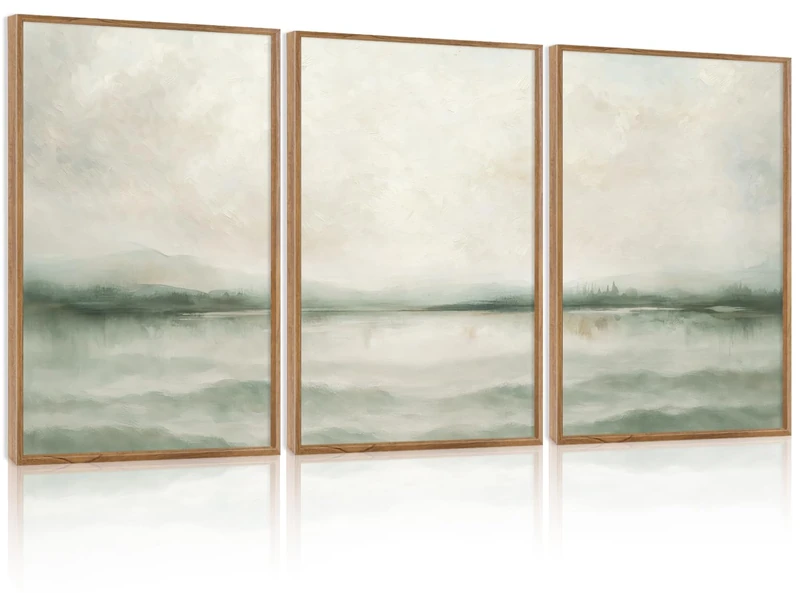 TOARTi Large Framed Misty Green Mountain Lake Canvas Wall Art,Watercolor Abstract Natural Landscape Wall Decor,Neutral Modern Scenery Art Prints for Farmhouse Home Living Room Bedroom Office-16”x24”x3
