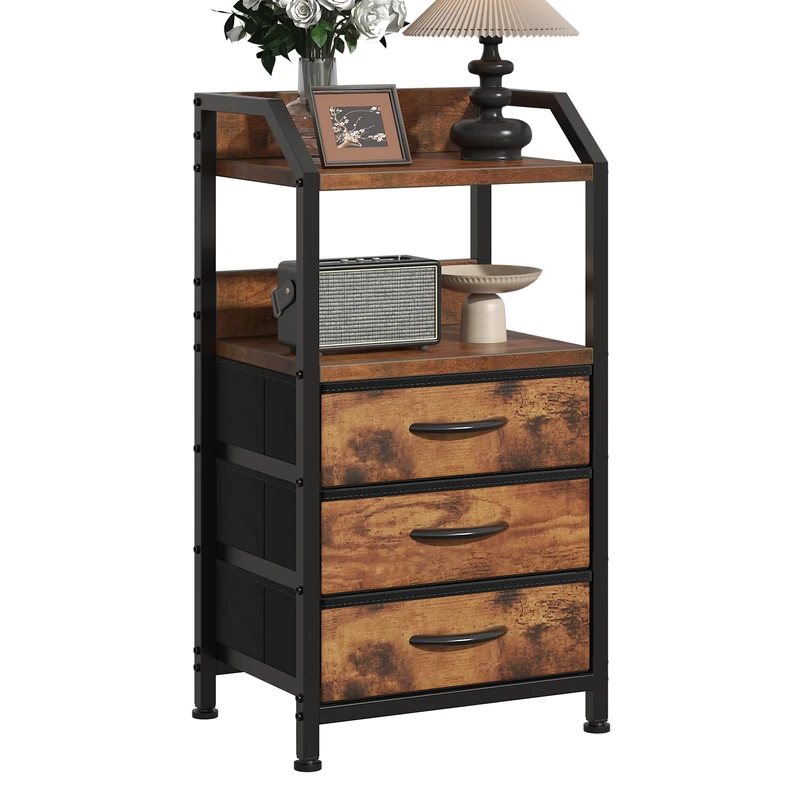 Feonase Bedside Table 40cm Wide with 3 Fabric Drawers & Open Shelf Suitable For Bedroom Bed Side Tables, Sofa Side Tables, and Small Living Room Spaces Rustic Brown 2Pcs